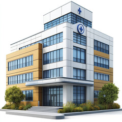 modern hospital building with clean design and greenery surrounding it, conveying sense of care