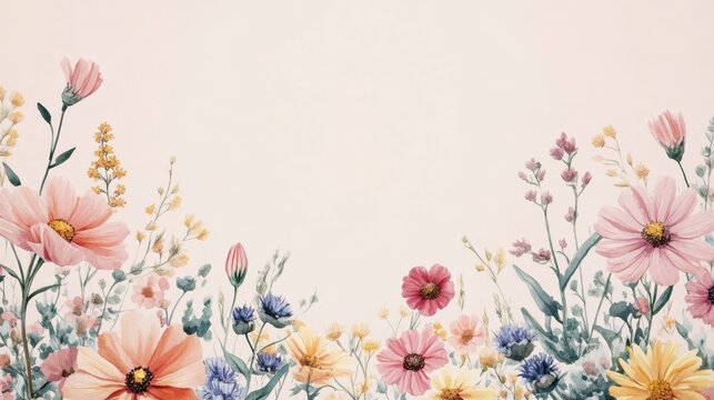 A beautiful watercolor floral pattern with asters in pastel colors, with an empty space for the text in the center on top of it, on a light pink background, the flowers are located at the bottom of th