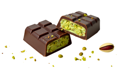 Chocolate bar with light pistachio filling, broken open with scattered crumbs and nuts
