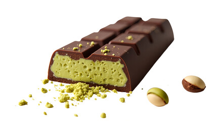 Chocolate bar with aerated pistachio filling and loose pistachios, on clean white background