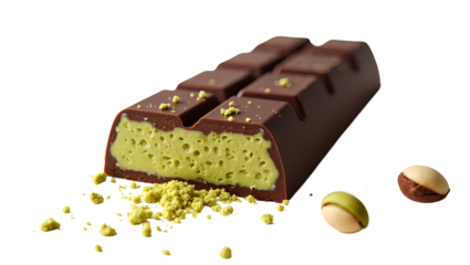 Chocolate bar with aerated pistachio filling and loose pistachios, on clean white background