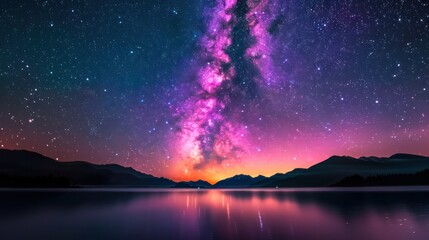 Fototapeta premium Stunning long exposure photograph of the vibrant Milky Way galaxy with bright colorful stars reflecting on a calm lake surrounded by silhouettes of mountains du clear night sky