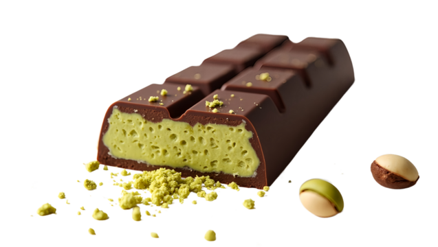 Chocolate bar with aerated pistachio filling and loose pistachios, on clean white background