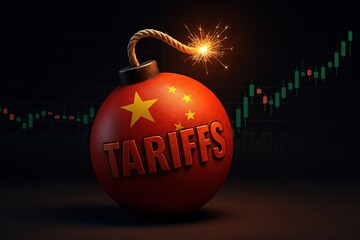 A lit bomb labeled "tariffs" with a Chinese flag, set against a rising stock market graph.