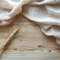 A single wheat ear and light fabric rest on a textured wooden surface, creating a rustic and natural scene.