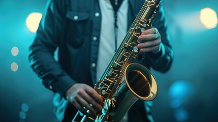 Close-up of a musician playing an alto saxophone du a live jazz concert at night with colorful stage lights and blurred background creating a vibrant musical atmosphere