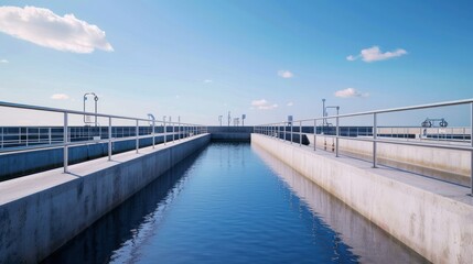Obraz premium Modern water treatment facility with a large rectangular open channel under a clear blue sky for environmental enginee and industrial infrastructure scenes