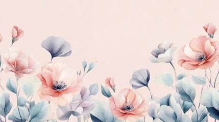 A beautiful watercolor floral pattern with cyclamen in pastel colors, with an empty space for text in the center on top of it, on light pink background, flowers are located at  bottom of  picture 