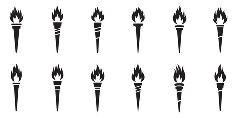 Torch Flame Vector Icon Set, Torch flame icons. Big set of different torch fire flames in black

