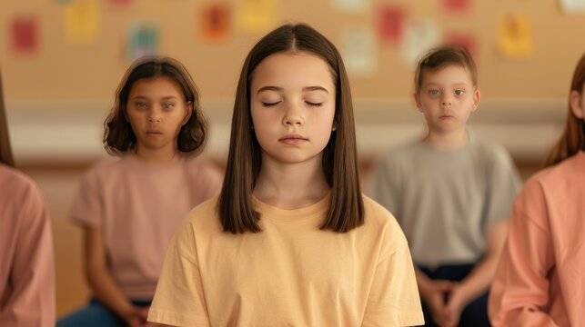 group of children practicing meditation or mindfulness in classroom with eyes closed and calm expression, diverse kids sitting peacefully du relaxation activity in school setting