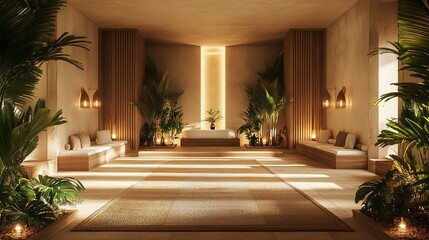 Tranquil spa retreat with warm lighting and lush plants.  Interior design with natural tones, featuring a serene ambiance.  Relaxing space with comfortable seating and a sense of calm