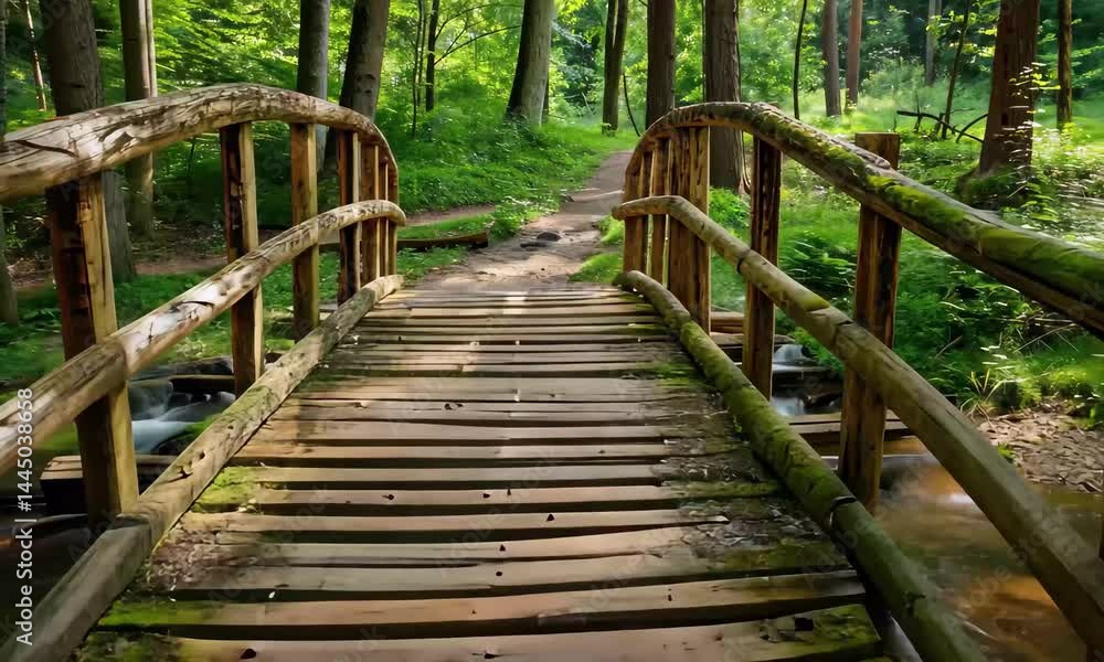 Poster a rustic wooden bridge spans a clear stream surrounded by vibrant greenery in a tranquil forest. sun