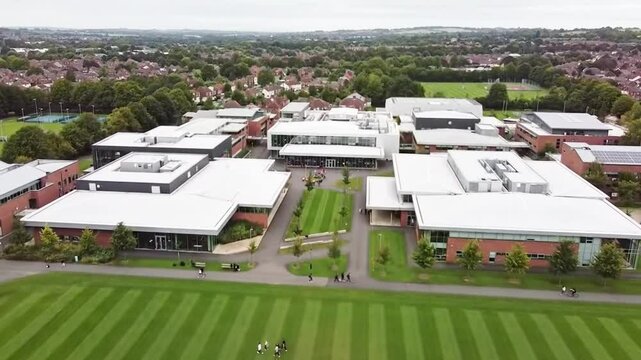 Aerial drone view flying over large modern school or university campus with sports field and students walking