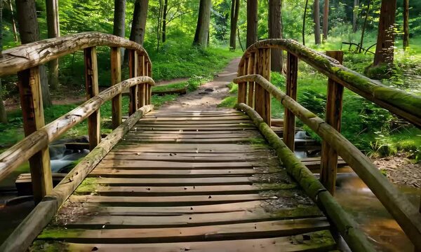 A rustic wooden bridge spans a clear stream surrounded by vibrant greenery in a tranquil forest. Sunlight filters through the trees, creating a peaceful atmosphere.