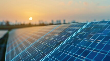 Expansive solar panel array on a sunny day with a city skyline in the background showcasing renewable energy technology and sustainable power generation