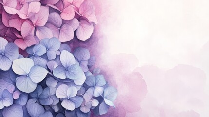 Fototapeta premium hydrangea frame background for Birthday and wedding cards with copy space. watercolor drawing of flowers. Festive flower concept with space for text. pastel wallpaper. Floral banner, greeting card