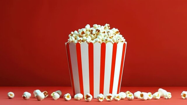 striped popcorn box on vibrant red background, classic cinema snack concept.
