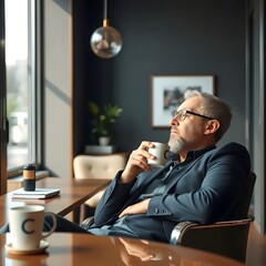Business Man Drinks his coffe at his company office