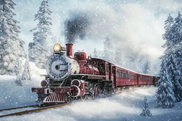Antique Red Steam Train on Tracks Through Snowy Winter Forest in Daylight