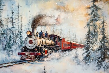 Painting of Steam Train with Passenger Cars in Winter Snowy Forest Landscape
