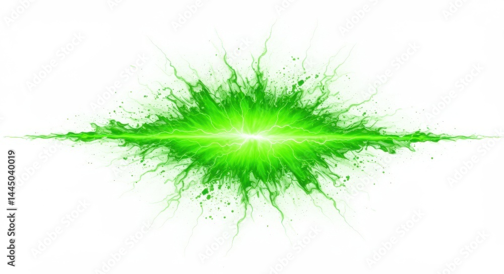 Poster a vibrant green energy beam emanating from a central point on a stark white background design elemen