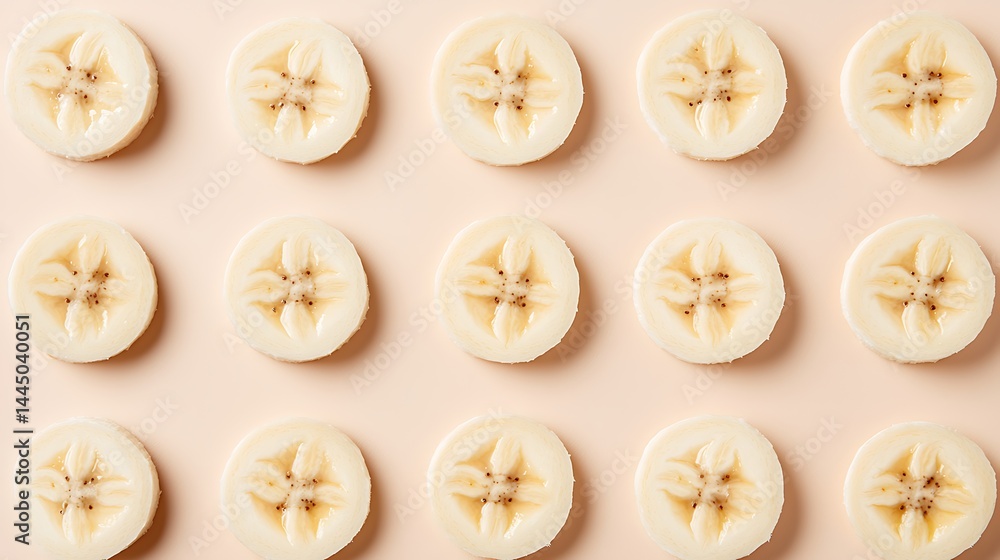 Poster banana slices arranged in a neat, symmetrical pattern on a light beige background.