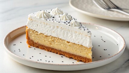 "Layered Cheesecake Slice with Whipped Cream Topping"