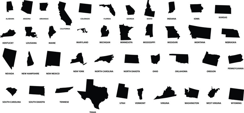 All 50 USA States Map Pixel Perfect Icons (Filled Style). Vector of the United States of America states map