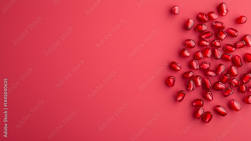 Poster scattered pomegranate seeds on a vibrant red background with ample negative space.