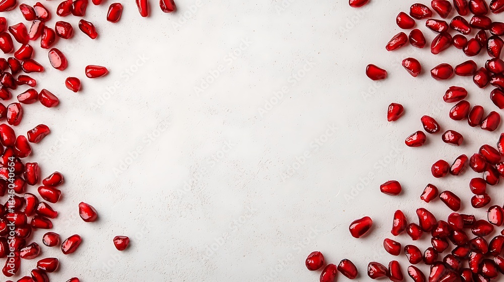 Poster red pomegranate seeds scattered in a border on a light textured background with empty space in the c