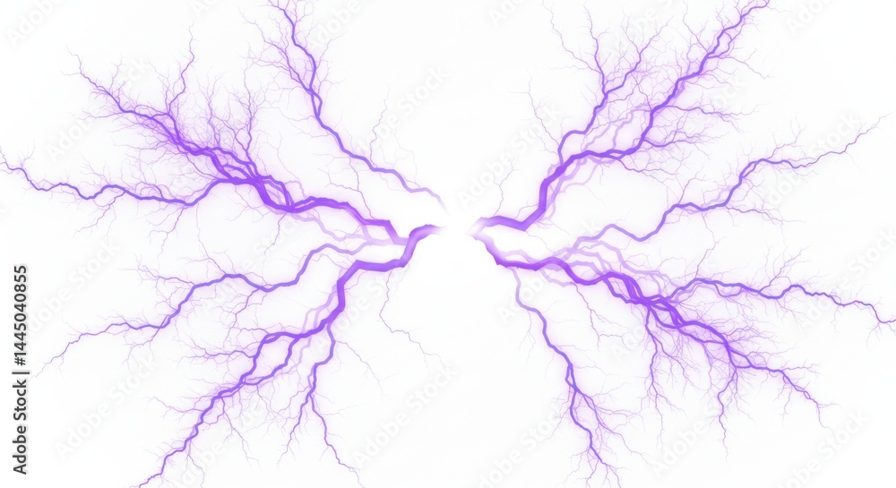 Poster purple lightning branches symmetrically on a white background creating an abstract design element