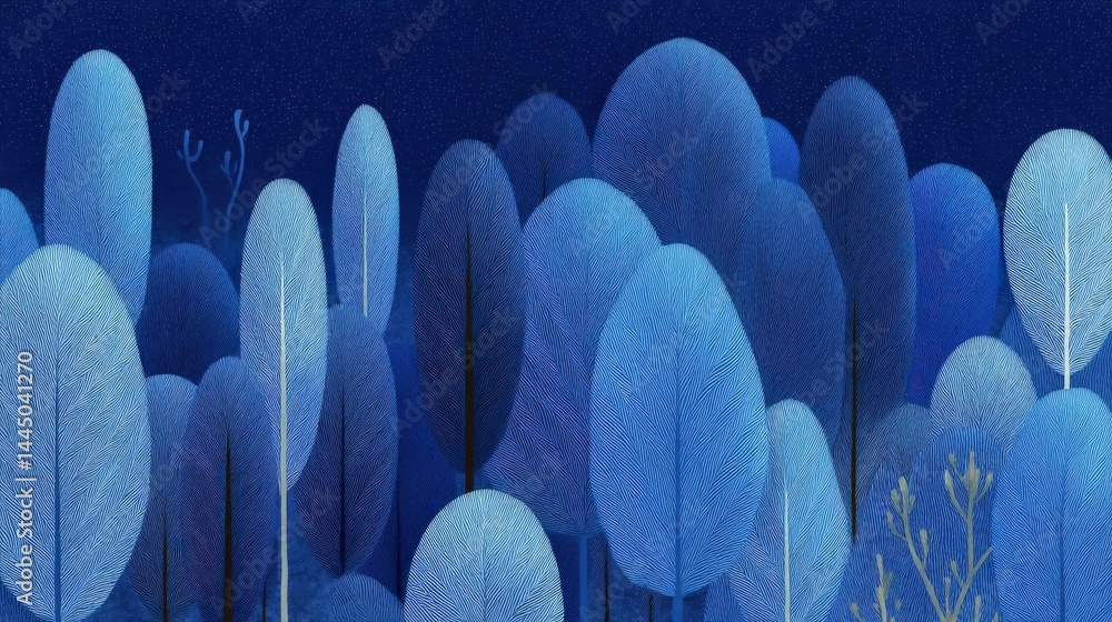 Poster illustration of a group of blue feathers against a dark blue background. the feathers are arranged i