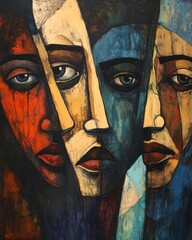 Abstract faces in bright color palette artistic vision expressionist style for creative background