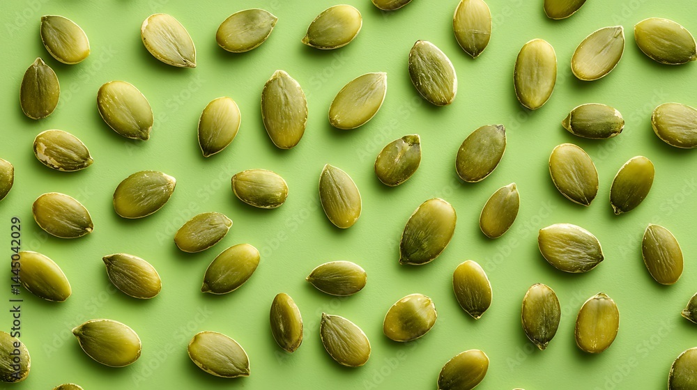 Poster pumpkin seeds are scattered evenly on a green background, creating a simple and vibrant pattern.