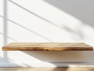 Minimalist shelf platform in bright room light for product display in modern apartment setting