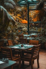 Fototapeta premium Captivating restaurant setting amid lush jungle foliage exotic plants and dining tables in a tranquil and cinematic atmosphere