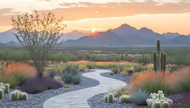 Serene desert sunrise vista, winding path through xeriscaped garden