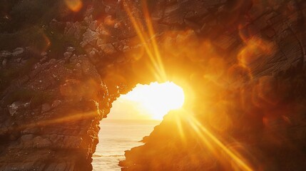 Summer solstice sun aligns perfectly with a natural stone arch casting a beam of light through the geological window