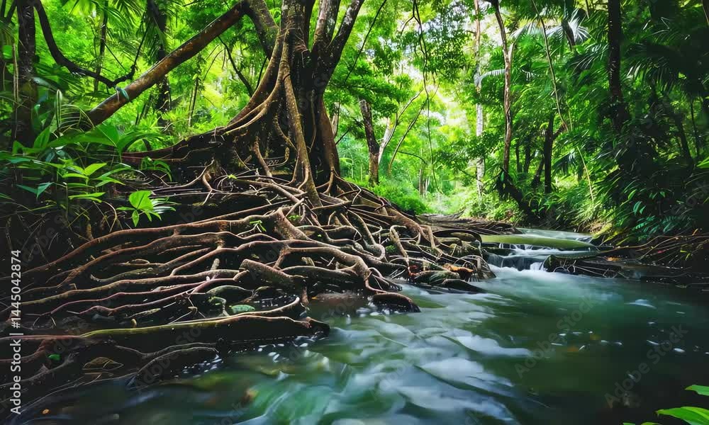 Aufkleber a serene tropical landscape features a flowing stream surrounded by dense greenery and tree roots ex
