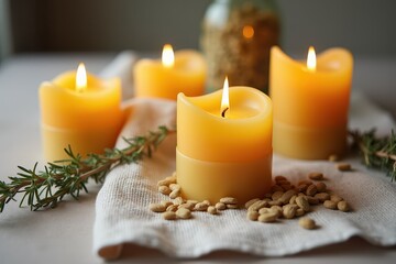 Candles with rosemary pine nuts on cozy table setting
