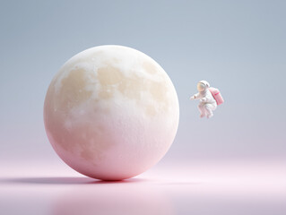 Minimal 3D Illustration of Astronaut Floating Near Moon with Soft Pastel Colors