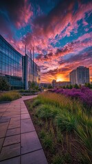 Obraz premium Vibrant Sunset Over Modern Office Buildings and Lush Garden Plants Creating a Scenic Urban Landscape