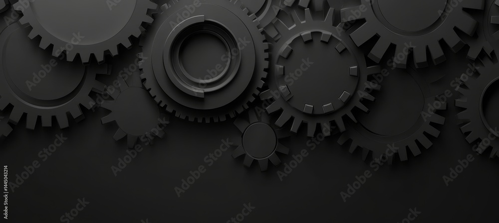 Poster interlocking metallic black gears seamlessly forming an abstract technological background