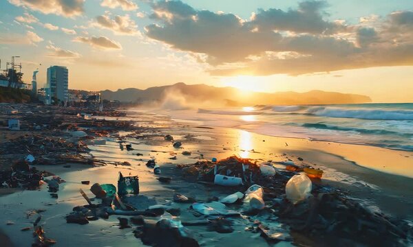 A polluted beach at sunset, with debris scattered across the shoreline reflecting the golden light.