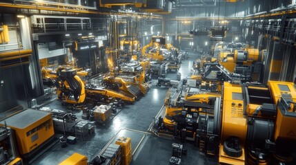 Fototapeta premium Automated factory interior, machinery, production, industrial, futuristic, technology, background, manufacturing