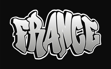 The word France is artistically rendered in a graffiti style on a solid black backdrop.