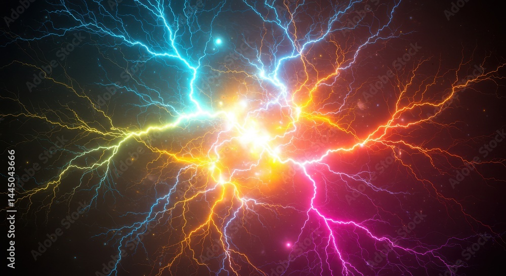 Poster colorful lightning strikes converging at a bright central point in a dark and dynamic display