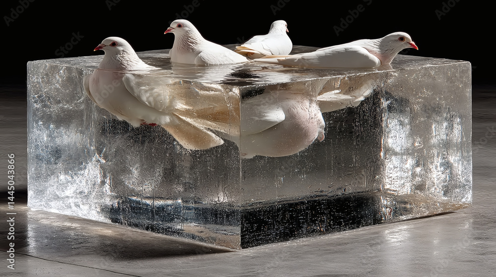 Aufkleber elegant white doves submerged in a transparent ice cube setting