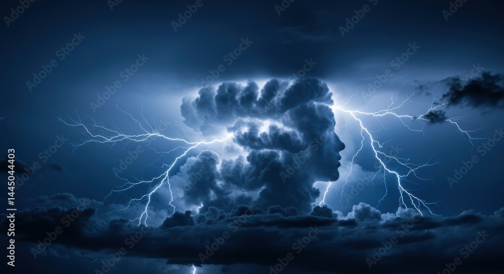 Poster a surreal image of a cloud formation shaped like a human head with lightning striking around it