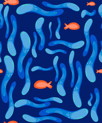 Abstract color seamless background or texture with lines and curves. Stylized sea waves and fish in blue and terracotta colors.